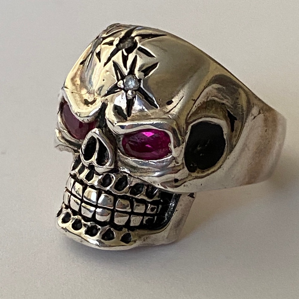 925 Silver stars skull bike biker ring cz stone - Picture 3 of 5